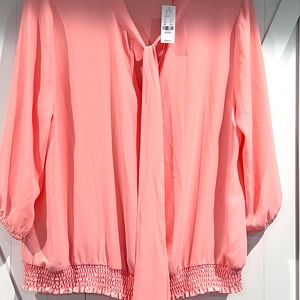 New York & company, peach summer blouse with neck bow accent